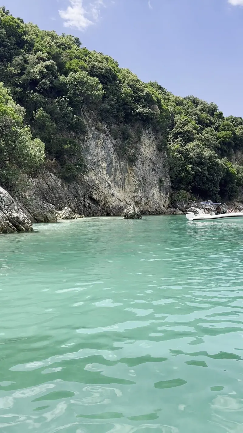 Green cove with a pebble beach seen from the water